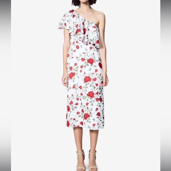 Fame and Partners Briar Rose White Red Floral One Shoulder Dress Ruffle US 8 NWT - Picture 3 of 12